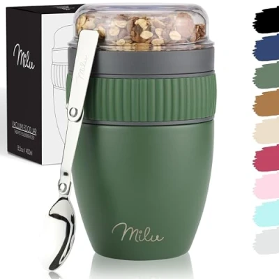 Immagine di Milu tazza per il muesli 400ml I con cucchiaio Acciaio inossidabile Impermeabile e isolato Cup to go yogurt porridge (Verde olivia)