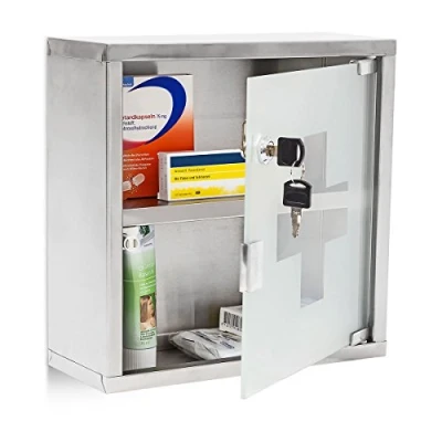 Immagine di Relaxdays Emergency Armadietto Pronto Soccorso, per Medicinali, Cassetta Farmaci, Bagno, in Acciaio, HLP: 30x30x12 cm, Argentato, Inossidabile, Argento