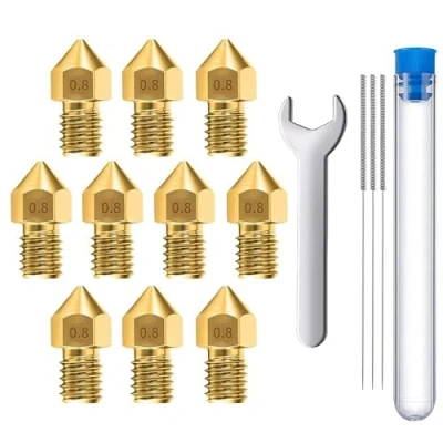 Immagine di MMOBIEL 10 pz. ugelli estrusore per stampante 3D MK8 in ottone da 0,8 mm compatibile con serie Creality Ender 3, 5, CR 10/10S, Makerbot, inclusi 3 aghi pulizia e chiave