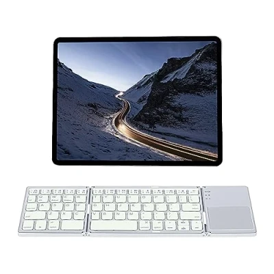 Immagine di Mcbazel Tastiera Bluetooth Pieghevole Ricaricabile,Tri Wireless Portatile con Touchpad per Dispositivo Mobile Compatibile Tablet/Cellulare/PC, Layout US Bianco Argento