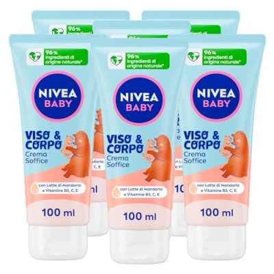 Immagine di Nivea Baby Crema Idratante Viso &amp; Corpo Bambini Formula Vegana Ipoallergenica con Latte di Mandorla ad Azione Protettiva Texture Soffice 6 Flaconi da 100ml