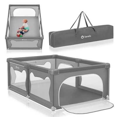 Immagine di LIONELO WILLOW Box per bambini, a partire da 0 48 mesi, ampia superficie 120 cm x 180 68 cm, con pareti laterali in rete traspirante e resistente, 2 ingressi chiusura lampo