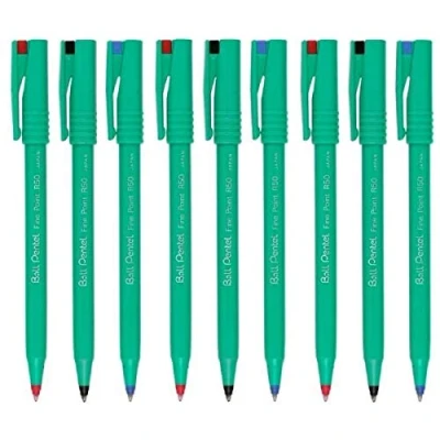 Immagine di Pentel colori assortiti, R50 penna a sfera Penne imbottito punta fine da 0,8 mm, tratto 0,4 mm larghezza 77% Riciclato (3 per ogni colore: nero blu rosso 9 Penne)
