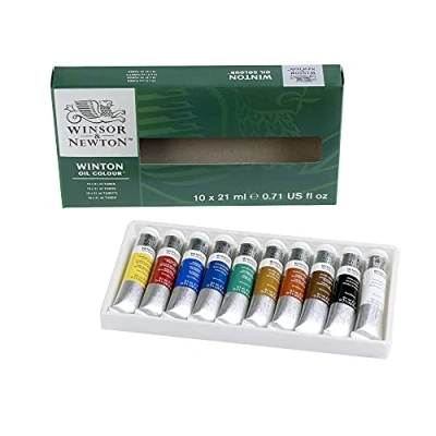 Immagine di Winsor &amp; Newton Winton 1490697 Pittura ad olio fine di alta qualità, consistenza uniforme, resistente alla luce, elevata opacità, ricco pigmenti coloranti, set 10 colori in tubetti da 21 ml