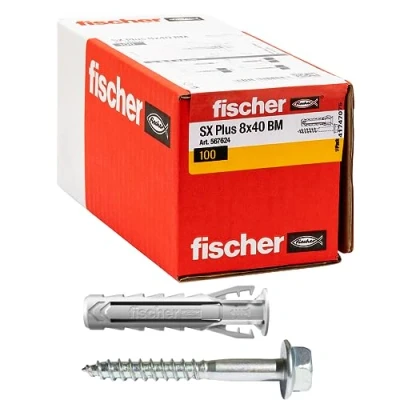 Immagine di Fischer 100 Tasselli SX Plus BM con Vite Testa Esagonale 8x40 mm per Muro Pieno, Mattone Forato, Muratura, Calcestruzzo, il Fissaggio di Lampadari, Mobili, Pensili, Mensole, 567624