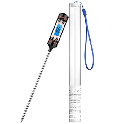 Immagine di CGZZ termometro da cucina con sonda, cucina, schermo LCD retroilluminato blu, digitale in acciaio inox,