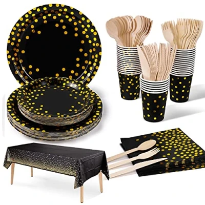 Immagine di Nkaiso Stoviglie per Feste Oro Nero 141 Pezzi Carta Set Include Piatti di Tovaglioli Tazze stoviglie, Nuziale Doccia, Fidanzamento, Matrimonio, Compleanno(20 Ospiti)