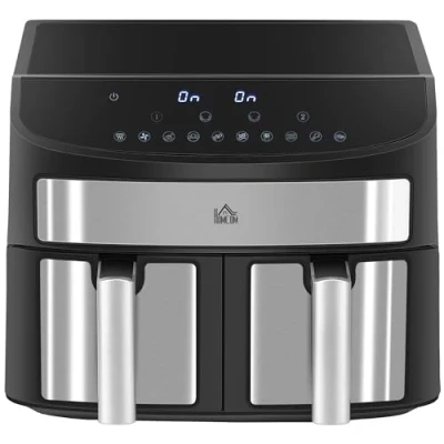Immagine di HOMCOM Friggitrice ad Aria Calda 8L Doppio Cestello, 2400W Air Fryer con 10 Programmi di Cottura, Senza Olio LED Touch Screen, Timer e Temperatura Regolabili, Nero