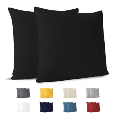Immagine di Dreamzie Federa Cuscino (Set di 2) Nero Cotone per i Cuscini 80 x cm 100% Jersey da Copri Letto Fodera Protezione