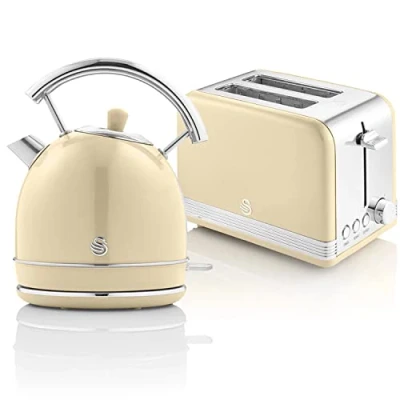 Immagine di Swan Retro Colazione Set 1,8 L Bollitore Senza Fili con Elemento Riscaldante in Acciaio Inox, Tostapane a Fessura Larga 2 Fette, Regolatore di Tostatura 6 Livelli, Design Vintage, Crema