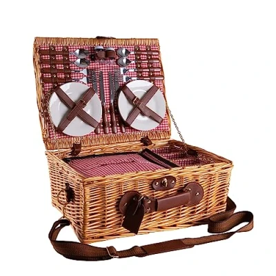 Immagine di eGenuss Cestino da picnic in vimini per 4 Persone con tracolla rimovibile, scomparto frigo e accessori inclusi ROSSO