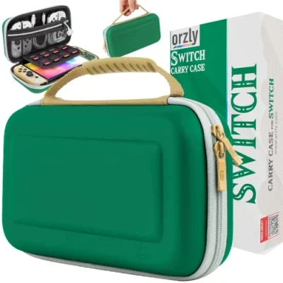 Immagine di Orzly Custodia Switch per Nintendo OLED e console Standard con accessori scomparto giochi Progettata i fan di Zelda Edizione in confezione regalo Verde Oro Bianco