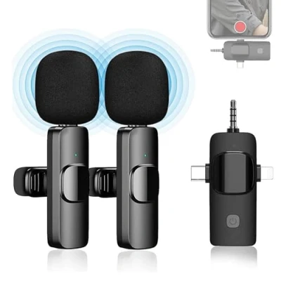 Immagine di Microfono senza fili per fotocamera, iPhone, Android, Plug&amp;Play, confezione da 2 microfoni Lavalier, registrazione video, Youtube, Twitch, TikTok, Vlog, Podcast, Live. Bluetooth, USB C, Jack,
