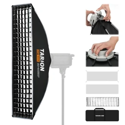 Immagine di TARION Softbox pieghevole per illuminazione, 30 x 120 cm, con montaggio Bowens griglia, installazione in un solo passaggio, riprese professionali studio e interviste, SQ 30120F SOFTBEAM