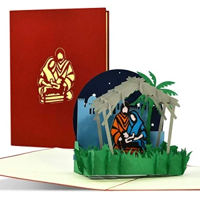 Immagine di biglietto natalizio 3D pop up con presepe, di auguri per l&#039;Avvento e Natale, idea regalo originale un denaro, W36