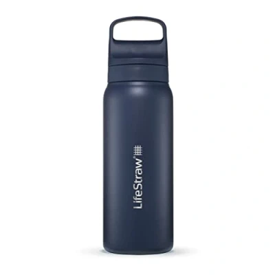 Immagine di LifeStraw Go Series Borraccia isolata in acciaio inox con filtro acqua per viaggi e uso quotidiano. Rimuove batteri, parassiti microplastiche, migliora il sapore, 700ml, Aegean Sea (blu)