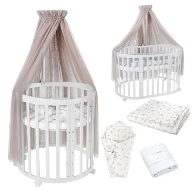 Immagine di Lettino Mobile Waldin 7in1, Materasso, Culla Espandibile, Ventilato, Base Regolabile 5 Posizioni, Set Completto, Legno Bianco, Tessuti Rami Tortora