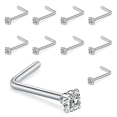Immagine di Liuxn 10 Pezzi Curvo Naso a Bottone Chirurgico in Acciaio Anello Cubico Zirconi Bar L Curvato Piercing Gioielli, 20 Gauge