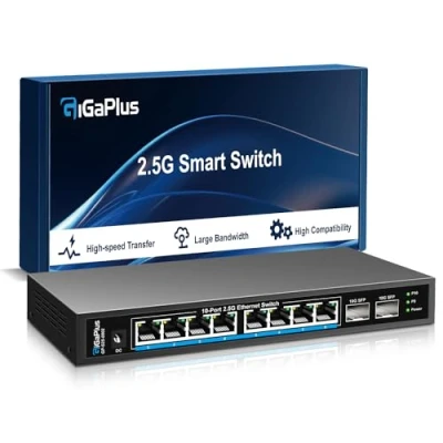 Immagine di 10 porta da 2.5 Gb di interruttore Ethernet non gestito con porte Base T 8* G, 2* 10G SFP+. Switch rete Gigaplus per NAS/PC router WiFi6, AP wireless. Plug and Play