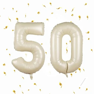 Immagine di Palloncini Compleanno 50 anni Beige 101 CM Palloncino Numero Gonfiabile in Foil Decorazioni di un uomo donna Vola con l&#039;Elio