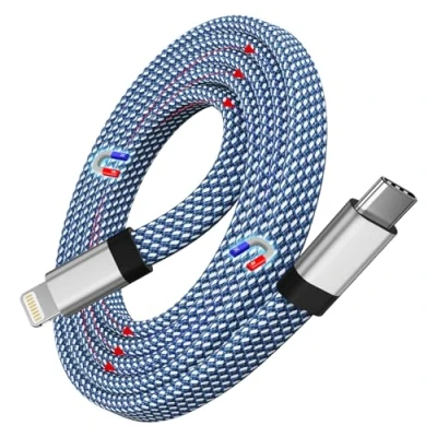 Immagine di Magtame Cavo USB C a Light ning Magnetico 1M Phone Piatto Certificato MFi, Spirale Arrotolabile Caricabatterie Rapido in Nylon per 14/13/13 Pro/12 X 8 7 SE
