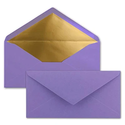 Immagine di 50x Buste formato lunghe Colore: Viola con rivestimento interno metallizzato oro 110 x 220 mm Colla a umido festive per Natale