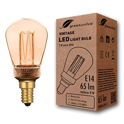 Immagine di greenandco® lampadina a LED di design vintage in stile retrò E14 ST45 2W 65lm 1800K 320 230V, ambra, nessun sfarfallio, non dimmerabile