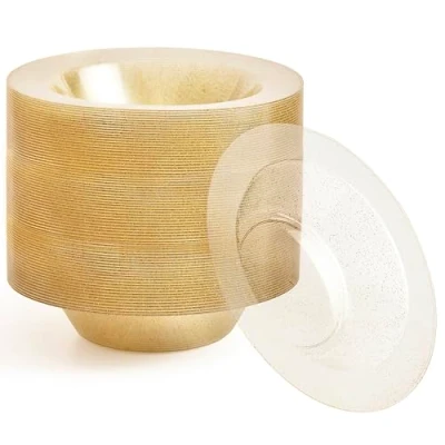 Immagine di Matana 25 Ciotole in Plastica Rigida Trasparente con Glitter Dorati, 360ml Piatti Fondi per Matrimoni, Compleanni, Battesimi, Natale, Barbecue, Feste Resistenti e Riutilizzabili