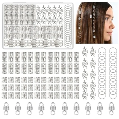 Immagine di Kieswan 100 pezzi dreadlocks gioielli vichinghi per capelli in argento, anelli metallo trecce, forcine regolabili capelli, accessori la decorazione