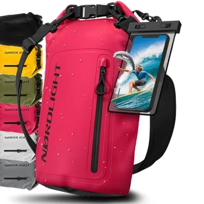 Immagine di Nordlight Dry Bag Sacca Impermeabile + Custodia per Cellulare Chiusura Arrotolabile, Tracolla Zaino Stagna Borsa Spiaggia, Canoa, SUP, Immersioni Rosa, 30 Litri