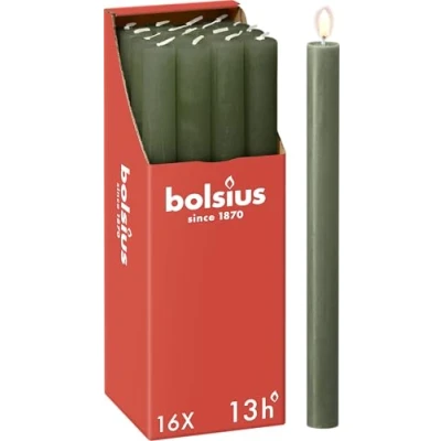 Immagine di Bolsius Candele a colonna affusolate Verde scuro Confezione da 16 Lunga durata di 13 ore Candela per la casa Decorazione d&#039;interni Non profumate Cera vegana naturale 27 x 2,3 cm