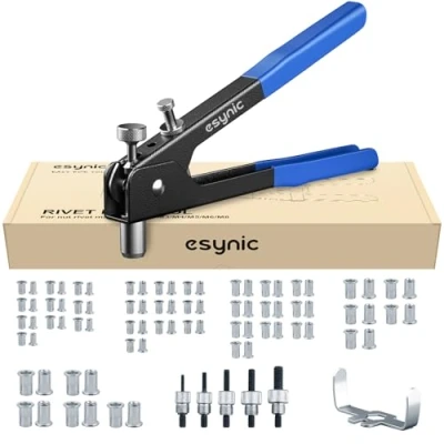 Immagine di ESYNiC Kit Rivettatrice per Inserti Filettati con 86pz Dadi Rivetti(M3 M4 M5 M6 M8) Professionale Pinza Pistola Manuale a Rivetti Riparazione Auto Rimorchi Mobili Blu