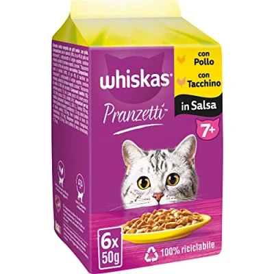 Immagine di Whiskas Pranzetti Carni Bianche 7+ Senior, Cibo Umido Per Gatto, 12 Confezioni Ognuna Da 6 Bustine X 50g (72 Pezzi In Totale)