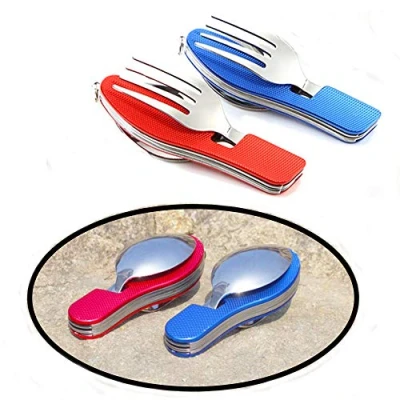 Immagine di Senven®2Pcs 4 in 1stoviglie da Campeggio Acciaio Inossidabile Coltello, Forchetta, Cucchiaio, Apribottiglie Blu,Rosso