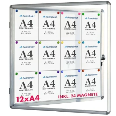 Immagine di Floordirekt Vetrina 12 x A4 con 24 calamite, cassetta informativa, da appendere cornice in alluminio e vetro acrilico
