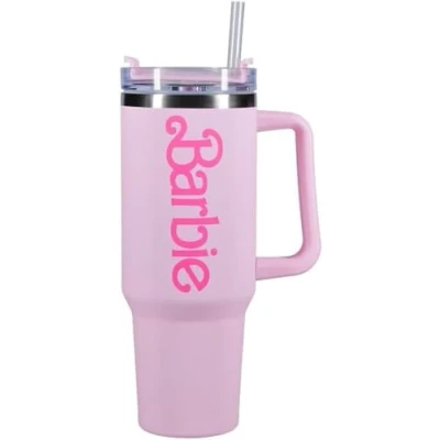 Immagine di Paladone Barbie Borraccia H2O con logo rosa licenza ufficiale, in acciaio inox, coperchio e cannuccia, per acqua, tè freddo o caffè