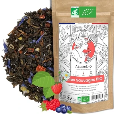 Immagine di Ascenbio ✿ Tè nero bacche selvatiche biologiche Fragola lampone mirtilli 180 g sciolto Preparato e confezionato in Francia Imballaggio biodegradabile (frutti rossi)