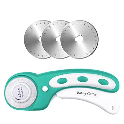 Immagine di Ceisazira Cutter per Tessuti 45mm, Taglierina Circolare con 3 Lame di Ricambio e Impugnatura Confortevole, Rotanti, Rotativa Precisione Taglio Tessuto, Carta, Pelle, Cucire