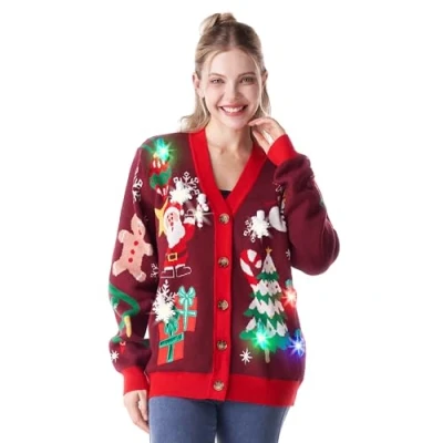 Immagine di Giggling Getup Ugly Sweater Cardigan da donna con luci a LED di Natale Renna Maglione lampadine integrate, Colore: rosso, XL