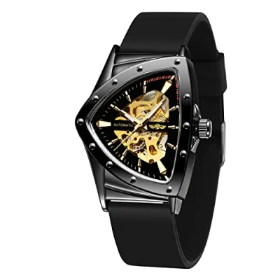 Immagine di FORSINING Orologio da polso meccanico uomo, impermeabile, scheletro, triangolare, con cinturino in silicone, Oro e nero., Moderno