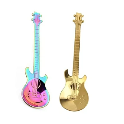 Immagine di Cucchiaini da Caffe Chitarra, 2Pezzi Manico Lungo Cucchiaio dell&#039;Acciaio Inossidabile Mini Dessert Colorati in Acciaio Set di Tè Carino per Caffè Gelato