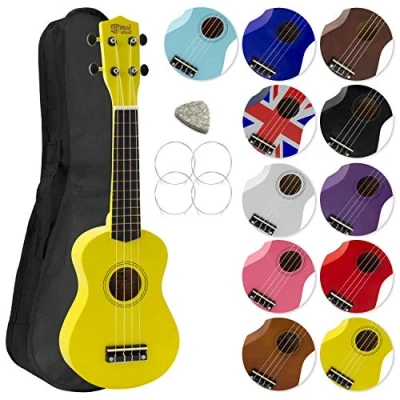 Immagine di Mad About SU8 YL Ukulele soprano in giallo con custodia morbida, plettro e corde di ricambio, Ora dotato carbonio nere che offrono un suono più brillante