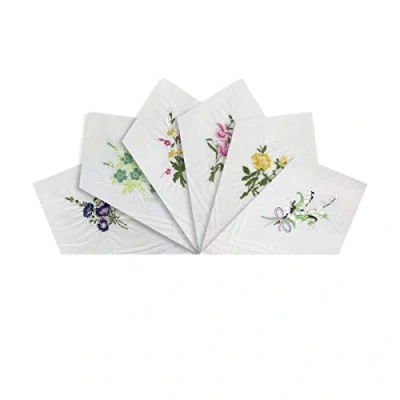 Immagine di Confezione da 6 fazzoletti bianchi donna/donna, collezione floreale ricamata, con bordi a righe in raso, 100% cotone, 29 x cm, bianco, Etichettalia unica