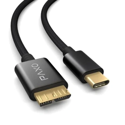 Immagine di PAXO 3m Nylon USB C Micro 3.1 (USB 3.0) cavo per disco rigido, 5Gbit/s, HDD, dati, di ricarica nero, maschio a B