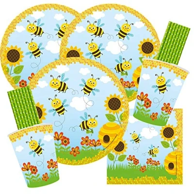 Immagine di spielum Set da 68 pezzi per feste con api e piatti, bicchieri, tovaglioli cannucce 16 bambini