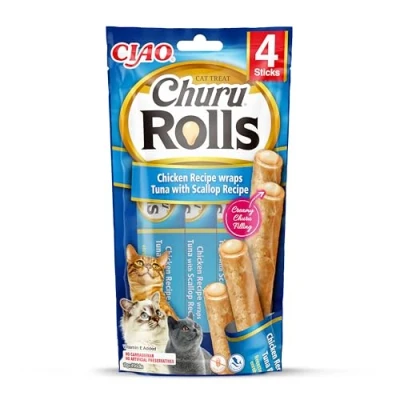 Immagine di INABA Churu Rolls Bastoncini di Pollo con Cuore Tonno e Capesante 1 Pack (4 Stick x 10gr) Snack per Gatti Morbido Cremoso, Cibo Senza Conservanti o Coloranti Artificiali, Grain Free