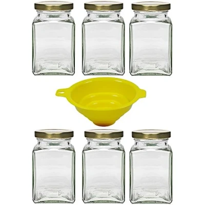 Immagine di Viva Haushaltswaren 6 barattoli a base quadrata con coperchio, capacità 260 ml, adatti per conserve, marmellate, spezie, imbuto incluso