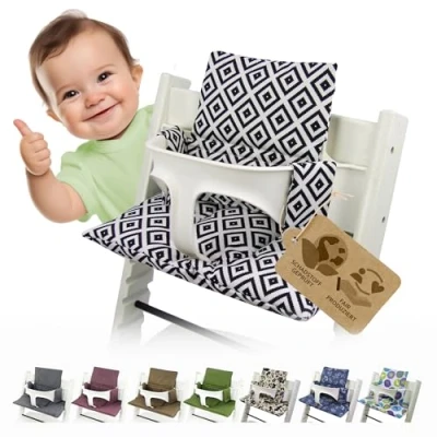 Immagine di BAMBINIWELT Set di cuscini ricambio per seggiolino, compatibile con STOKKE Tripp Trapp seggiolone, design a quadri, colore: Bianco/Nero
