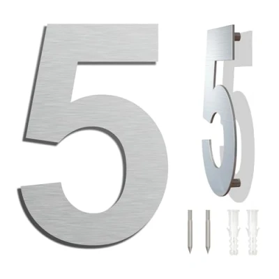 Immagine di spazzolato moderno numero civico 8 pollici 203 mm altezza, in solido acciaio INOX 304, galleggiante aspetto e facile da installare (Numero 5 Cinque)