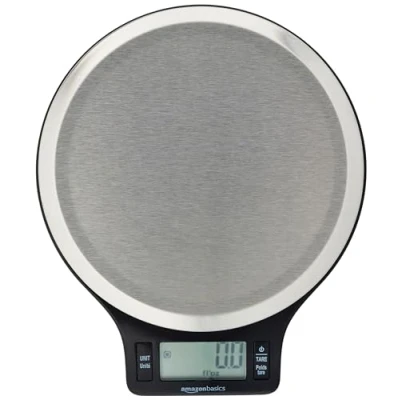 Immagine di Amazon Basics Bilancia digitale da cucina con display LCD, priva di bisfenolo A (pile incluse), Nero e acciaio inossidabile
